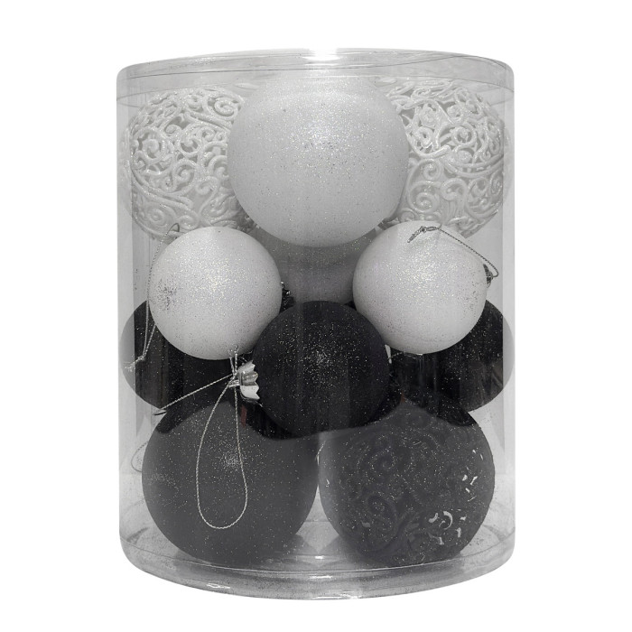 Новогодний набор ёлочных чёрных и белых шаров и ажурных шаров 6–8 см – 18 шт