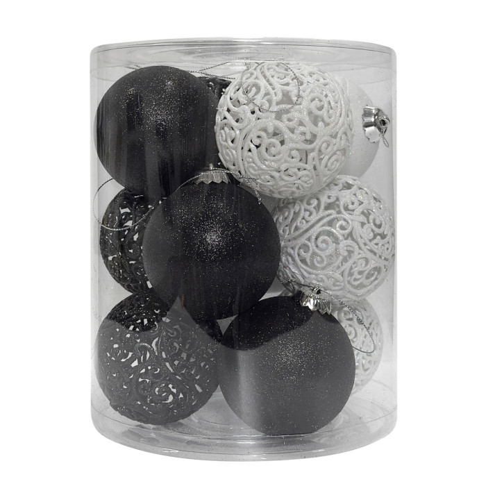 Новорічний набір ялинкових чорних та білих куль і ажурних куль 8 см – 12 шт