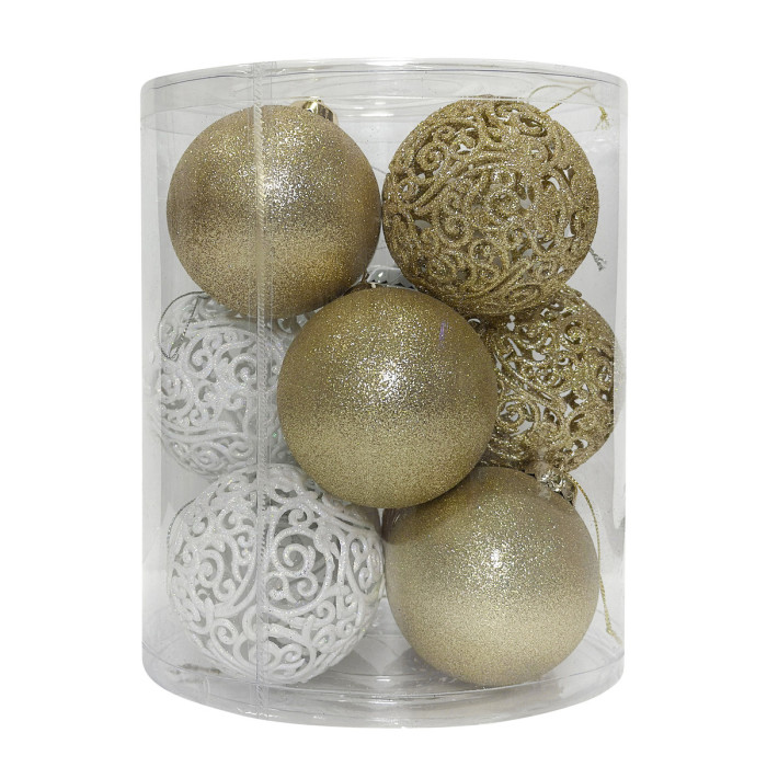 Новорічний набір ялинкових білих та золотих куль і ажурних куль 8 см – 12 шт