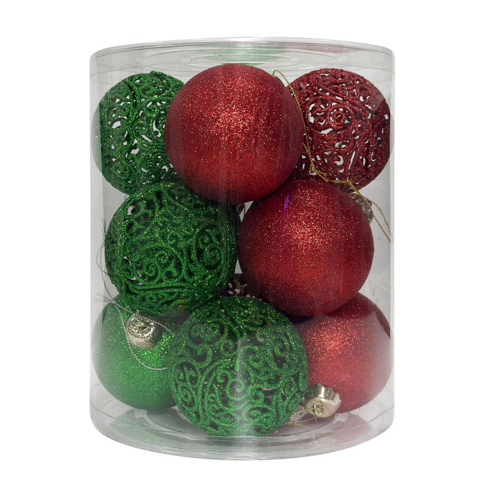 Новорічний набір ялинкових зелених та червоних куль і ажурних куль 8 см – 12 шт