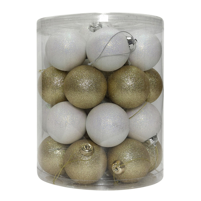 Новорічний набір ялинкових білих та золотих куль 6 см – 28 шт