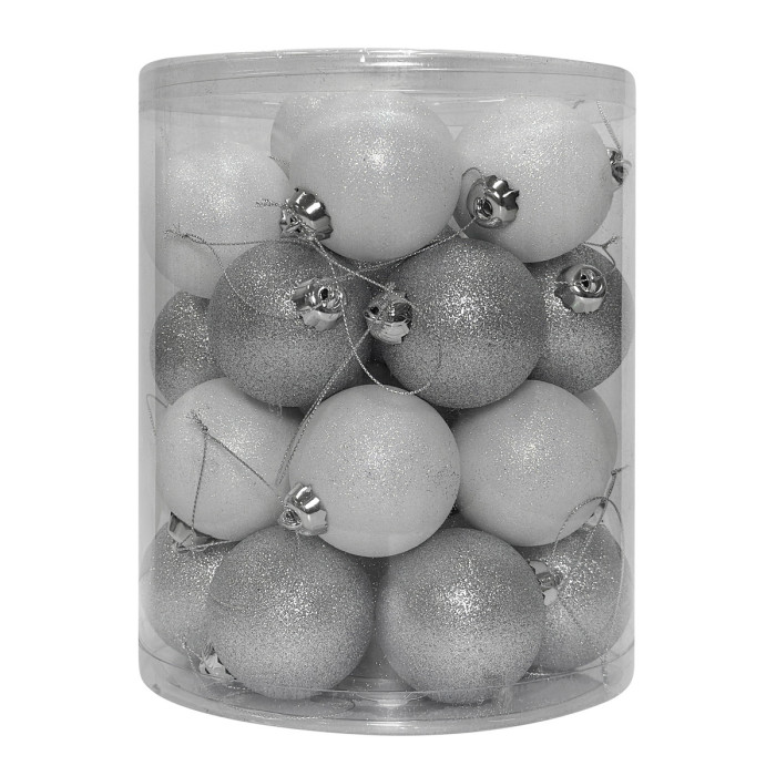 Новорічний набір ялинкових білих та срібних куль 6 см – 28 шт