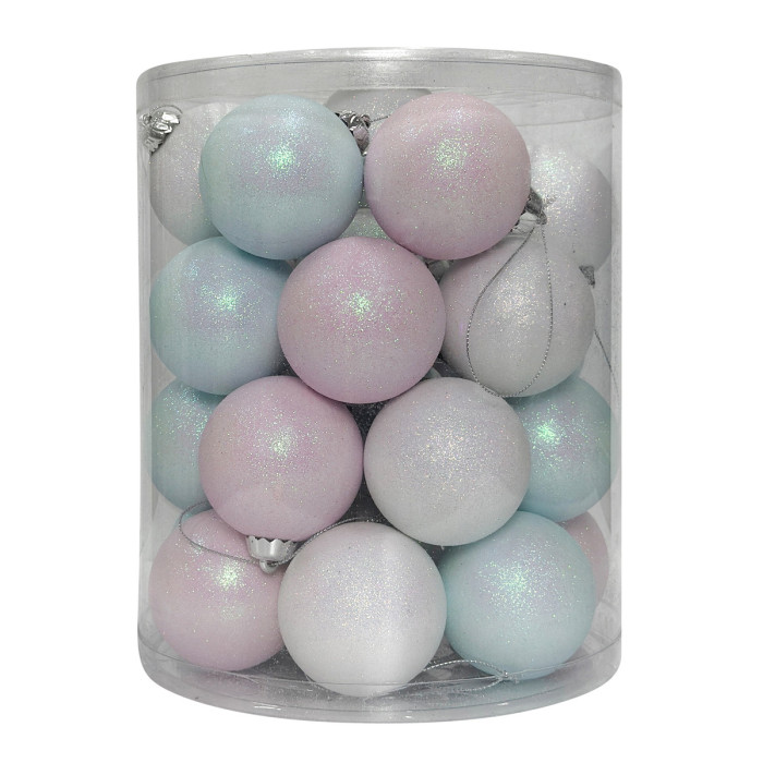 Новорічний набір ялинкових білих, блакитних та рожевих куль 6 см – 28 шт