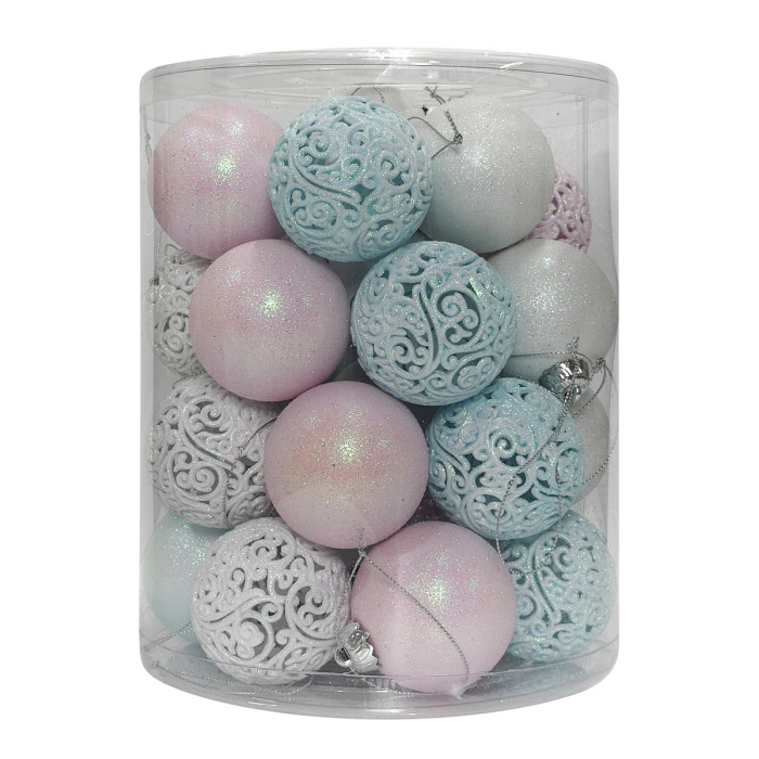 Новорічний набір ялинкових білих, блакитних та рожевих куль і ажурних куль 6 см – 28 шт