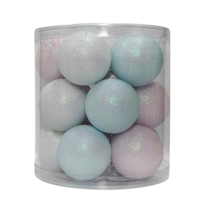 Новорічний набір ялинкових білих, блакитних та рожевих куль 6 см – 15 шт