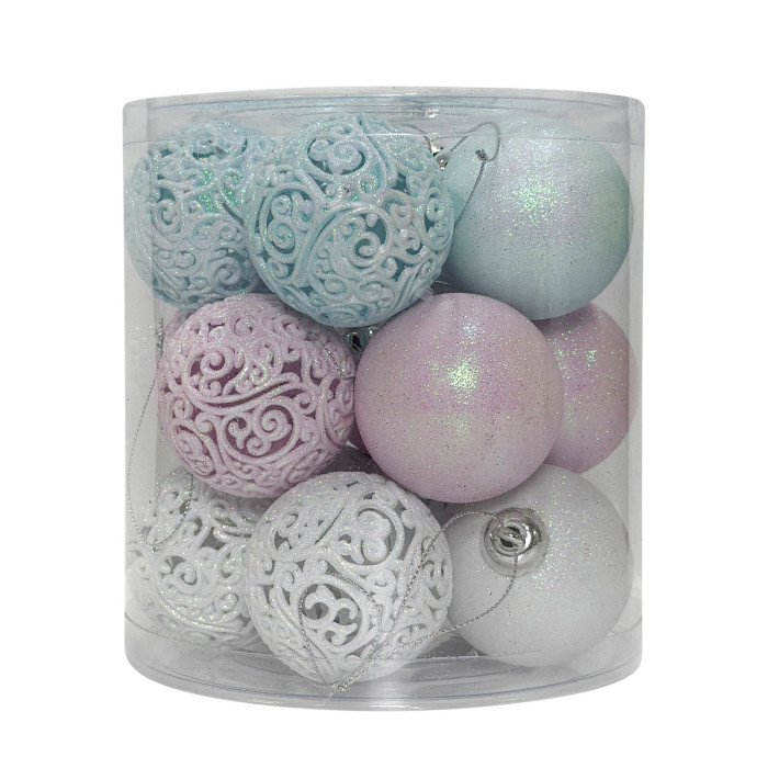 Новорічний набір ялинкових білих, блакитних та рожевих куль і ажурних куль 6 см – 15 шт