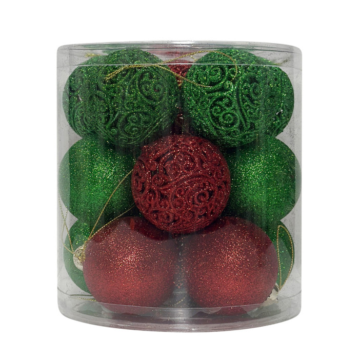 Новорічний набір ялинкових червоних та зелених куль і ажурних куль 6 см – 15 шт