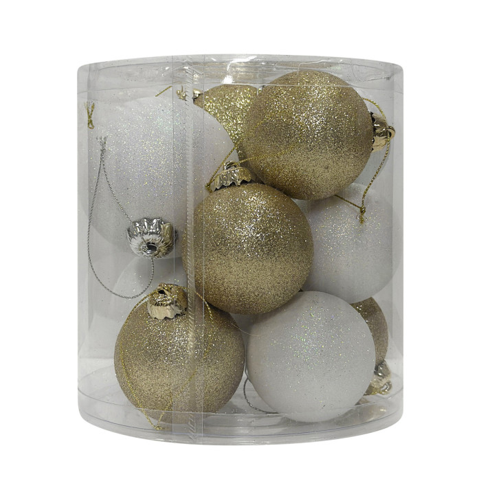 Новорічний набір ялинкових золотих та білих куль 6–8 см – 11 шт