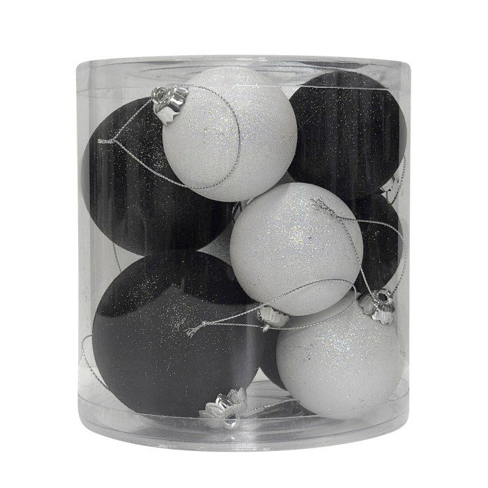 Новорічний набір ялинкових чорних та білих куль 6–8 см – 11 шт