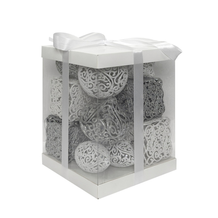 Новорічний набір ялинкових білих та срібних ажурних прикрас квадратів, овалів, дзиґ та куль 8–11 см – 14 шт