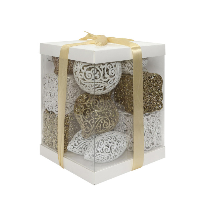 Новорічний набір ялинкових білих та золотих ажурних прикрас квадратів, овалів, дзиґ та куль 8–11 см – 14 шт