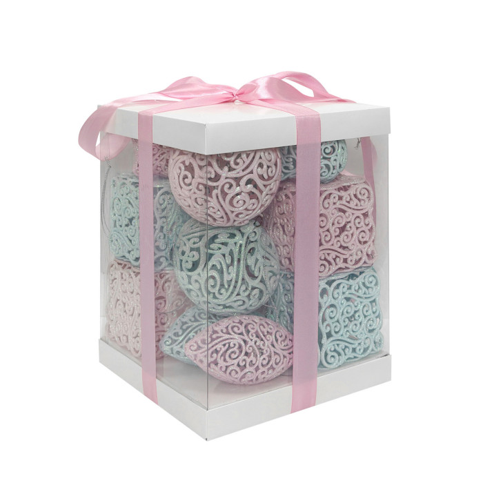 Новогодний набор ёлочных голубых и розовых ажурных украшений – квадраты, овалы, волчки и шары 8–11 см – 14 шт