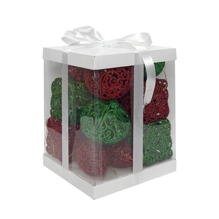 Новогодний набор ёлочных красных и зелёных ажурных украшений – квадраты, овалы, волчки и шары 8–11 см – 14 шт