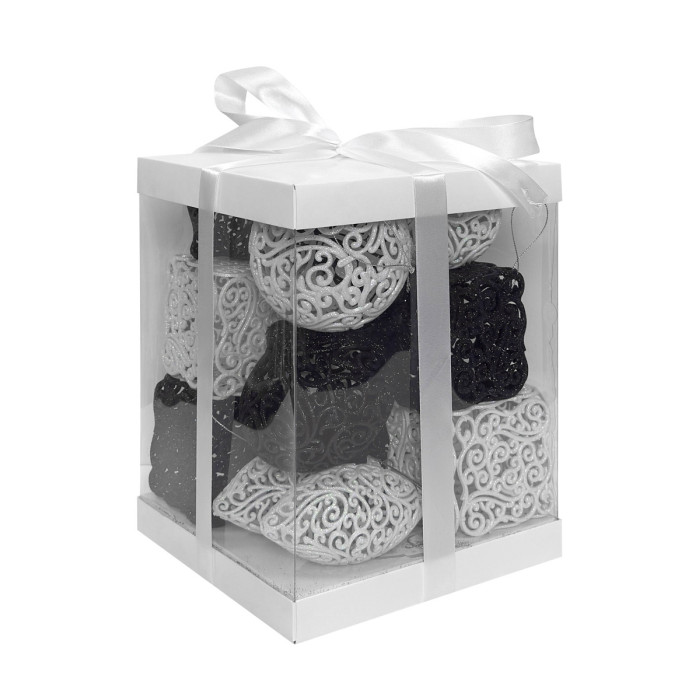 Новорічний набір ялинкових чорних та білих ажурних прикрас квадратів, овалів, дзиґ та куль 8–11 см – 14 шт