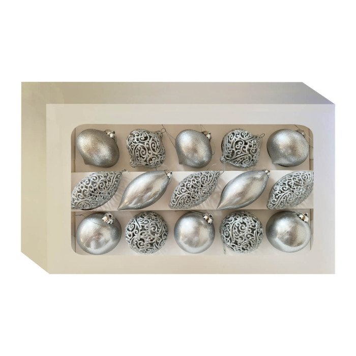 Новогодний набор ёлочных украшений серебряных – 15шт