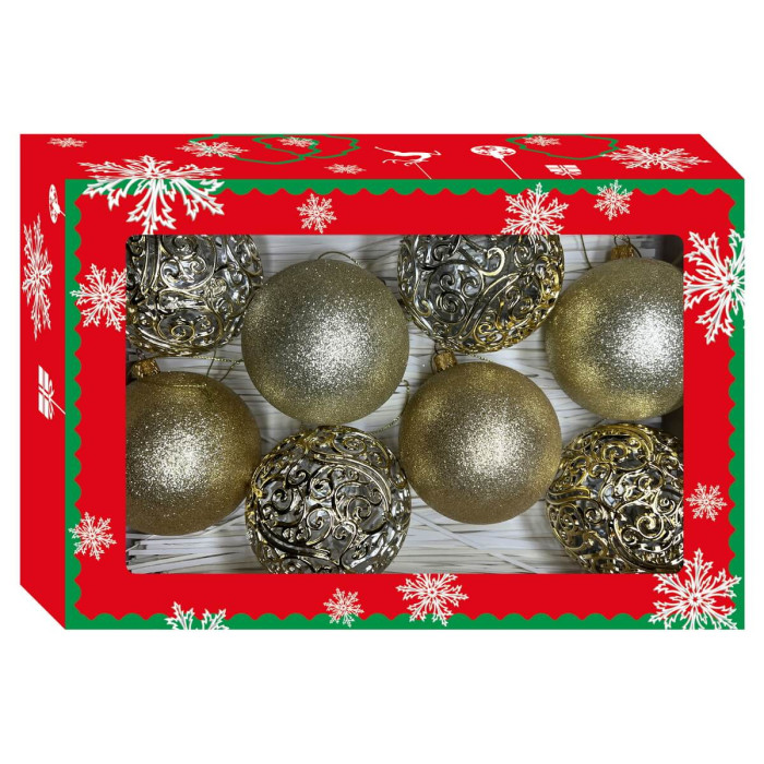 Christmas tree ornaments set box-1 gold and openwork gold shiny – 8pcs