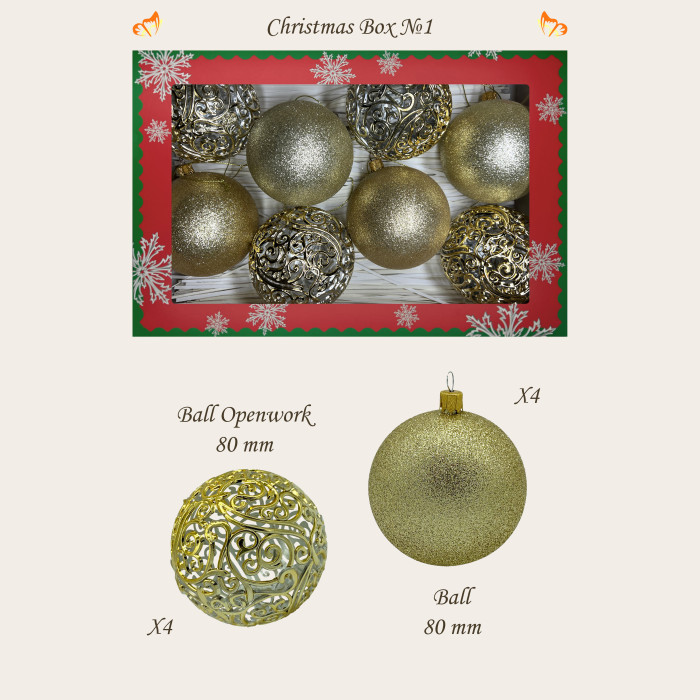 Christmas tree ornaments set box-1 gold and openwork gold shiny – 8pcs