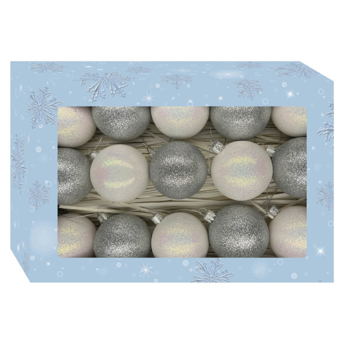 Новорічний набір ялинкових куль Christmas box-3 білих та срібних – 15шт