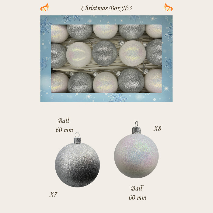 Новорічний набір ялинкових куль Christmas box-3 білих та срібних – 15шт