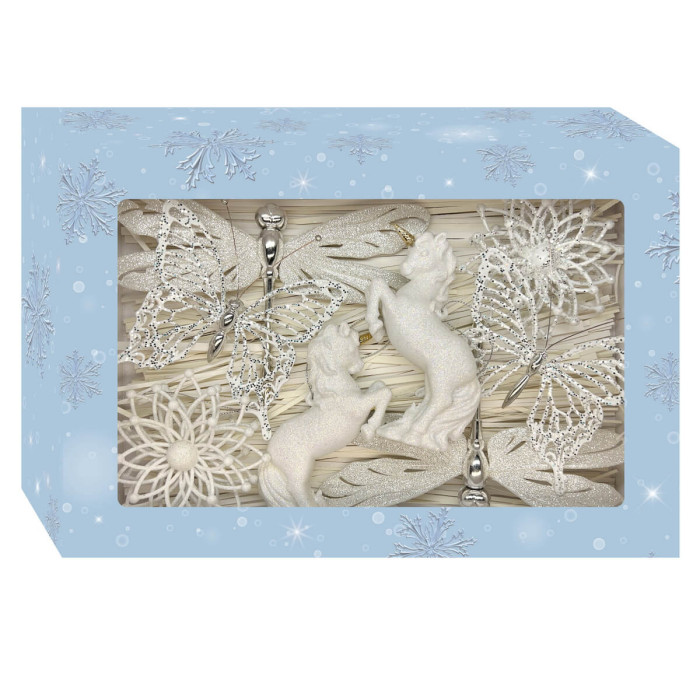 Новорічний набір ялинкових прикрас Christmas box-8 білих та діамантових – 8шт