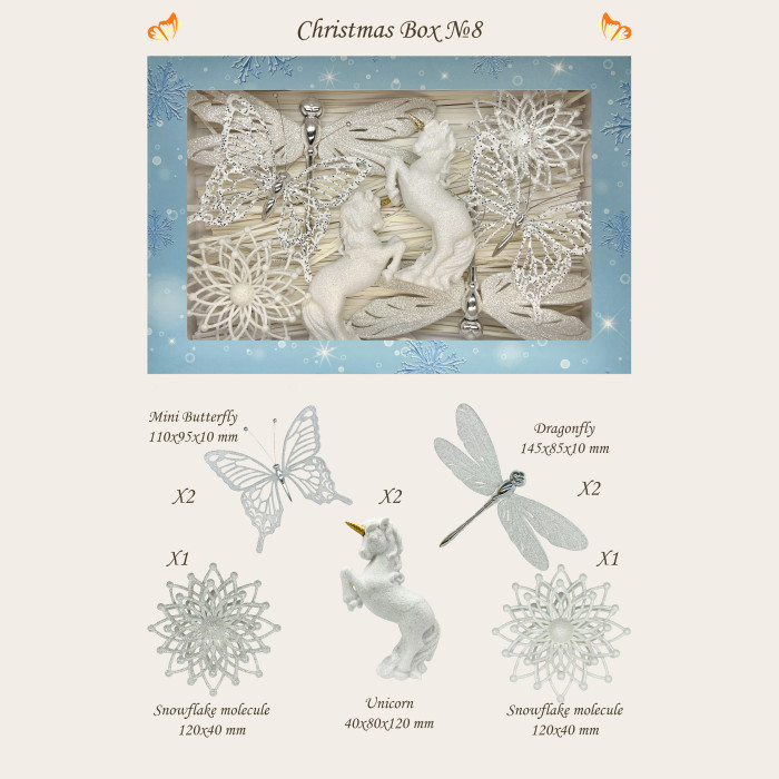 Новорічний набір ялинкових прикрас Christmas box-8 білих та діамантових – 8шт