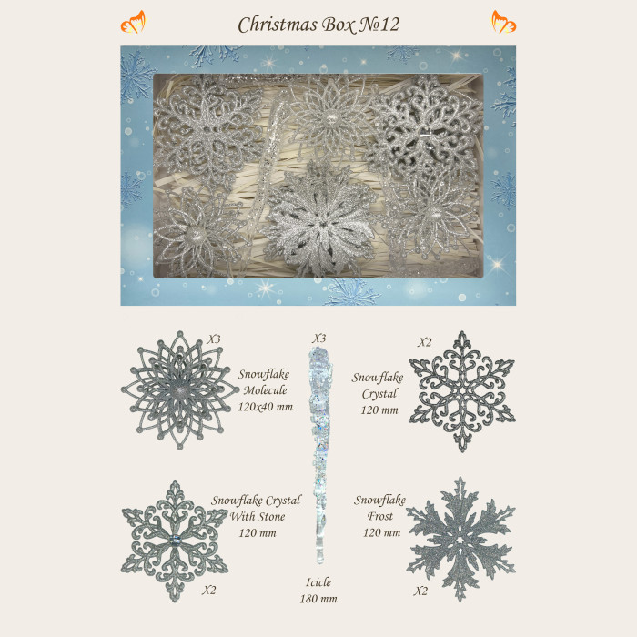 Новорічний набір ялинкових прикрас Christmas box-12 срібних та діамантових – 12шт
