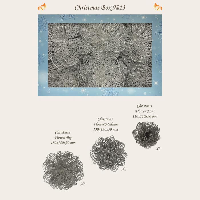 Новорічний набір ялинкових прикрас Christmas box-13 срібних квітів – 6шт