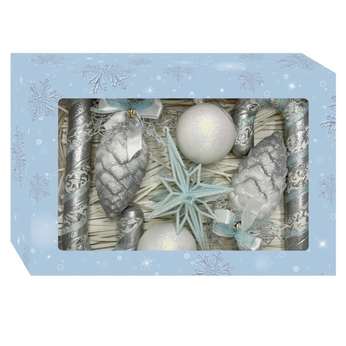 Новорічний набір ялинкових прикрас Christmas box-14 білих, срібних та блакитних – 7шт
