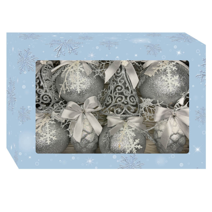 Новорічний набір ялинкових прикрас Christmas box-28 срібних – 8шт