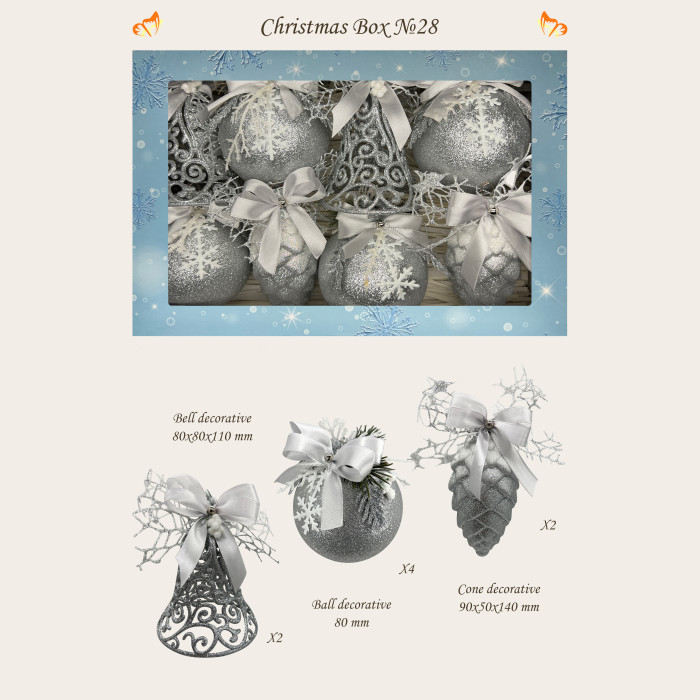 Новорічний набір ялинкових прикрас Christmas box-28 срібних – 8шт