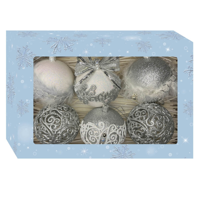 Новорічний набір ялинкових прикрас Christmas box-29 білих та срібних – 6шт