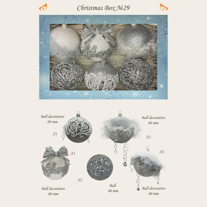 Новорічний набір ялинкових прикрас Christmas box-29 білих та срібних – 6шт