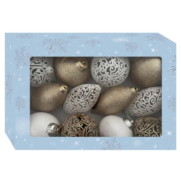 Новорічний набір ялинкових прикрас Christmas box-34 білих та золотих – 12шт