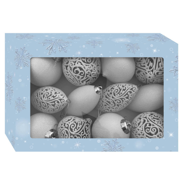 Новорічний набір ялинкових прикрас Christmas box-35 білих та ажурних білих – 12шт