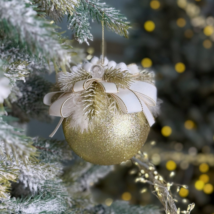 Куля декорована 10 см золота із білим бантом
