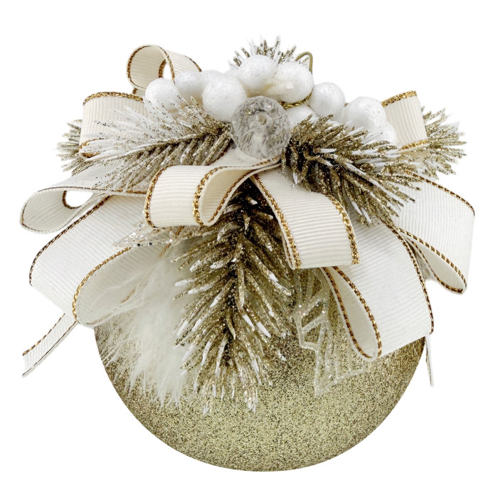 Куля декорована 10 см золота із білим бантом