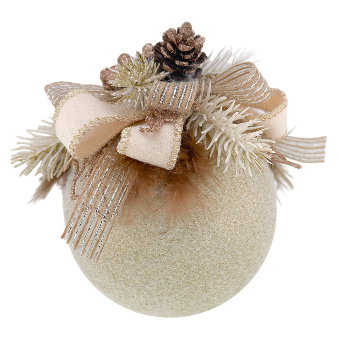 Куля декорована 10 см бежева із кремовим бантом і шишкою