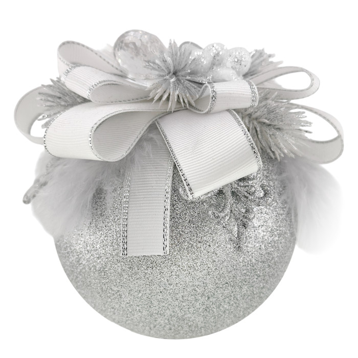 Куля декорована 10 см срібна із білим бантом