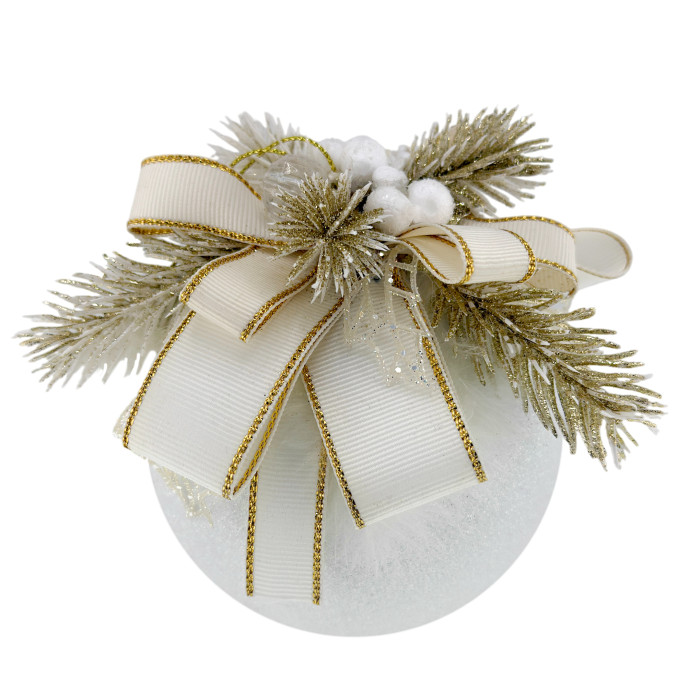 Decorated Ball 10 cm White with White Bow and Gold Decor