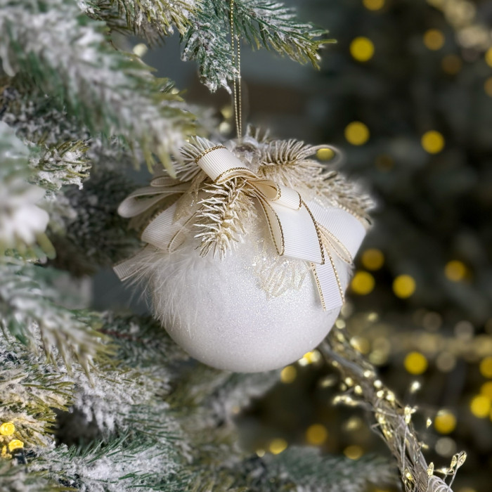 Decorated Ball 10 cm White with White Bow and Gold Decor