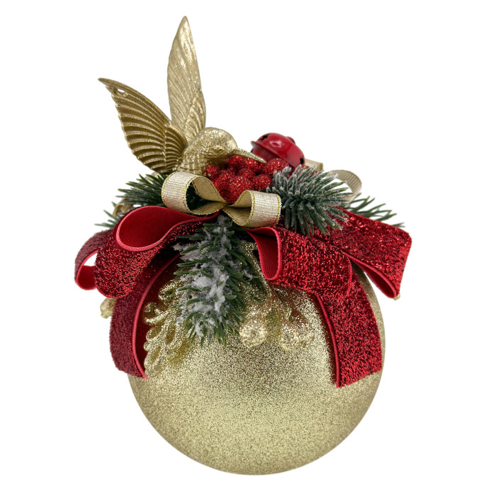 Куля декорована 10 см золота з червоним бантом і колібрі