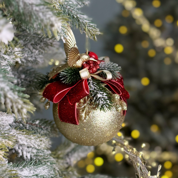 Куля декорована 10 см золота з червоним бантом і колібрі