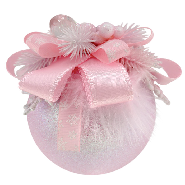 Куля декорована 10 см рожева з рожевим бантом і пір’ям