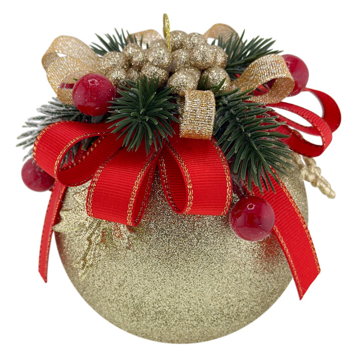 Decorated Ball 10 cm Gold with Red Bow and Pine Decor