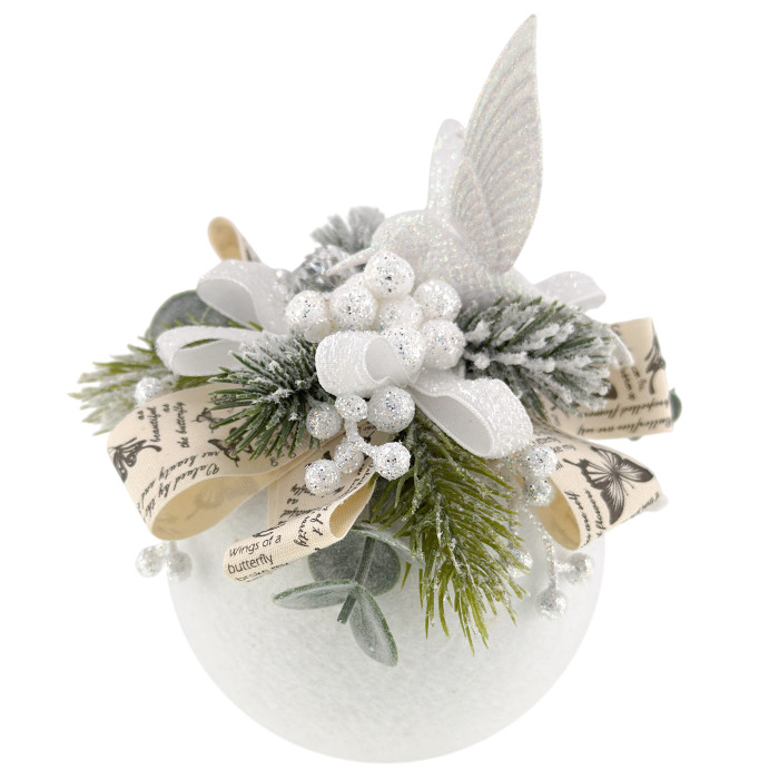 Decorated Ball 10 cm White with Vintage Ribbon and Hummingbird