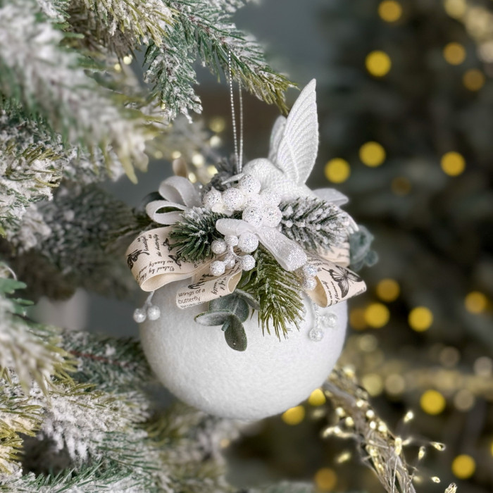 Decorated Ball 10 cm White with Vintage Ribbon and Hummingbird