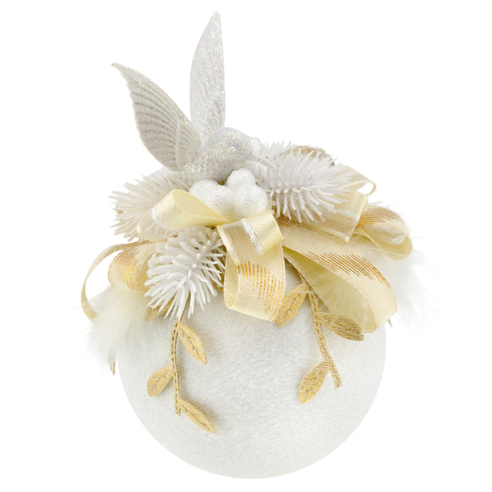 Decorated Ball 10 cm White with Gold Ribbon and Hummingbird
