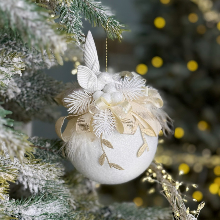 Decorated Ball 10 cm White with Gold Ribbon and Hummingbird