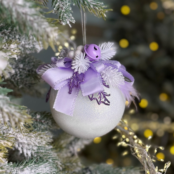 Decorated Ball 10 cm White with Lavender Bow and Bell