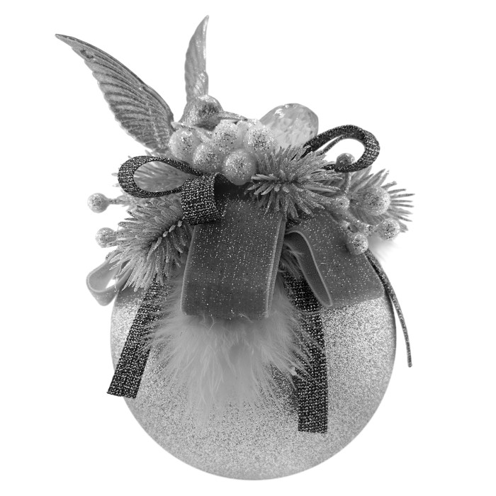 Decorated Ball 10 cm Silver with Grey Ribbon and Hummingbird